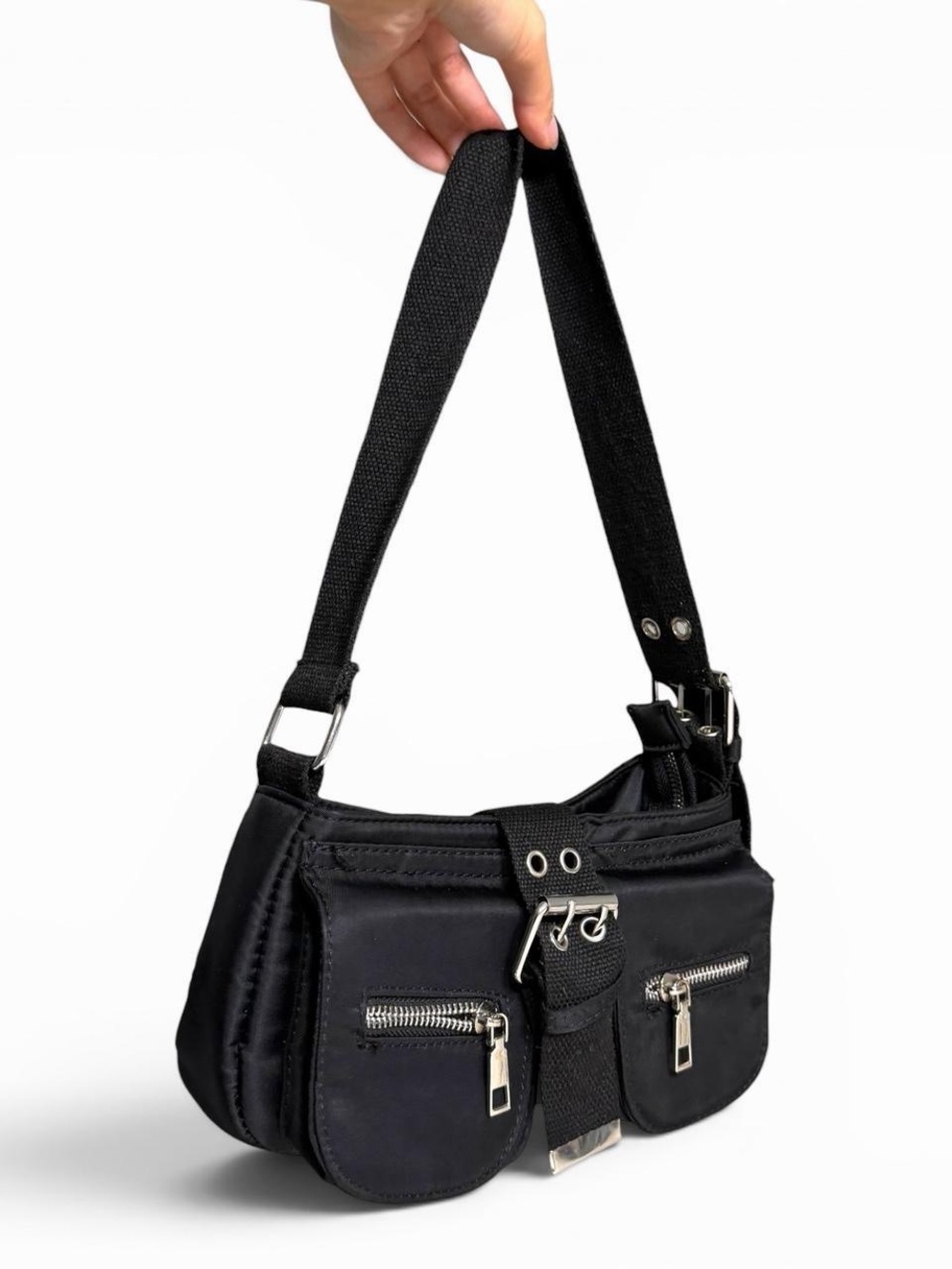 SHEIN Black Shoulder Bag with Front Zip Pockets